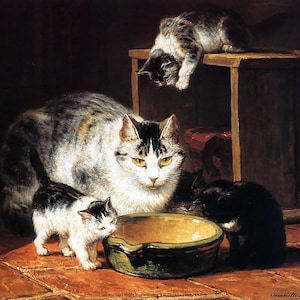 May include: A painting of a cat family gathered around a bowl. The mother cat is large and gray with white markings, and her kittens are black and white. One kitten is on a wooden shelf. The bowl is green and gold.