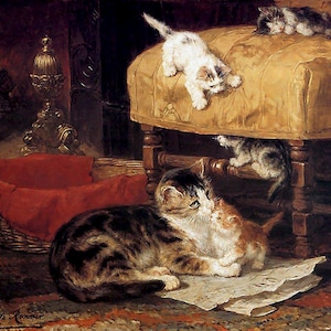 May include: An oil painting depicts a cozy interior scene with a mother cat and several kittens. The kittens are playing on and around a yellow upholstered ottoman. A red basket and ornate gold candle holder are in the background.