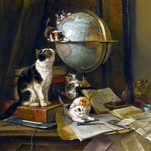 May include: A detailed painting depicts a domestic scene with several cats and kittens interacting with a globe, books, and maps. The cats, in various colors, are exploring the globe and surrounding objects. The artwork has a classic, vintage aesthetic.