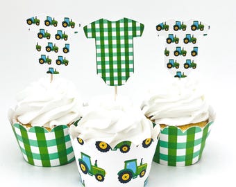 Green Tractor Gingham Baby Onesies Cupcake Toppers