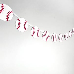 May include: A baseball-themed banner featuring white circles with red stitching, strung together on a white ribbon. The banner is designed to resemble baseballs, perfect for sports-themed parties or room decor.