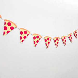 May include: A string of pizza slice-shaped pennants. Each pennant features a yellow base with red pepperoni and a tan crust. The pennants are strung together on a white string, creating a festive and playful decoration.