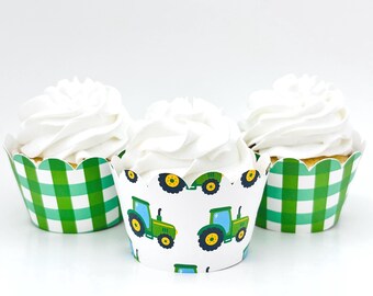 Green Tractor Gingham Cupcake Wrappers set of 12