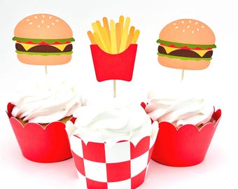 Hamburger and French Fries Fast Food Cupcake Toppers