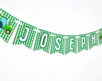 Green Tractor Gingham Party Banner