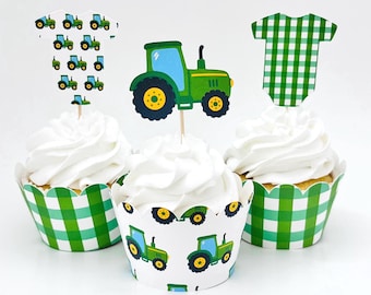 Green Tractor Gingham Onesie Cupcake Toppers