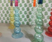 Tall Scalloped Edge Coloured Candlestick Holder Handblown Glass Candle Holder