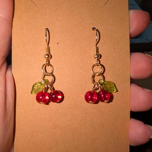 Red Cherry Earrings with Green Leaf Accent – Dangle Fruit Jewelry