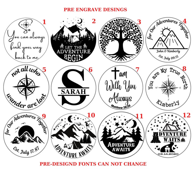 May include: Twelve black and white circular designs for engraving. Each design features a different image, including a compass, a tree, mountains, a tent, a cross, and a compass. The designs are numbered 1 through 12.