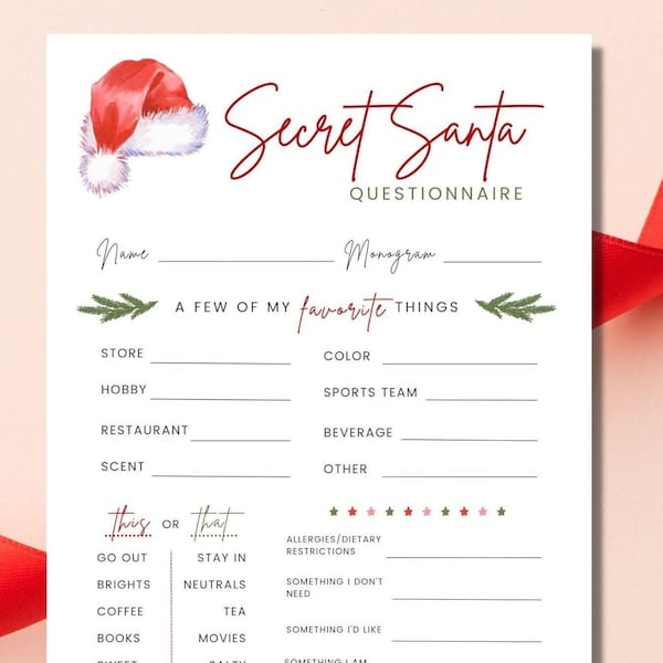 Secret Santa Printable Questions, Secret Santa Questionnaire, Gift Swap Handout, Holiday Gift Exchange Christmas Preferences Ideas Work