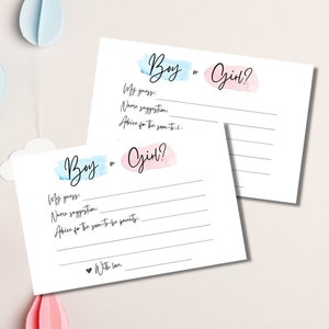 Gender Reveal-feestspel, afdrukbare voorspellingskaarten jongen of meisje, babyadvies naamideeën, roze blauw, minimalistisch, babyshower, schattig, idee