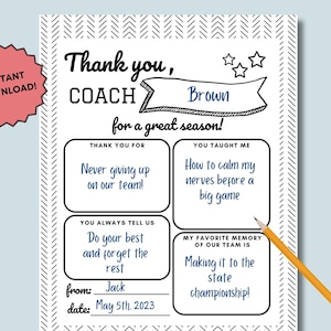 Coach Appreciation Thank You | Printable | Thanks Coach | Note Card | Instant Download | Assistant Coach | Easy | End of Season Sport Idea