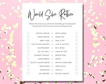 Printable Birthday Game for Her,Would She Rather Game, Instant Download Birthday Games, Printable Adult Birthday Games, Birthday Girl Games