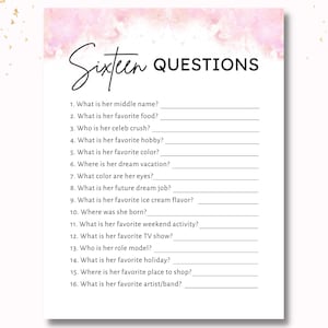 Sweet 16 Sixteen Questions Game, Sixteenth Birthday Printable, Bday Girl, 16th, Teen Slumber Party, Teenage Birthday Questions, Idea, Fun