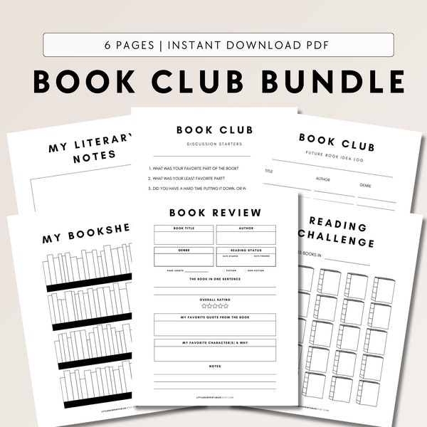 Minimalist Book Club Discussion Bundle | Printable Book Review Questions | Reading Group | Bookclub Host | My Bookshelf | Reading Challenge