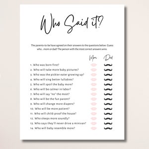 Who Said It Baby Shower Game,Printable Party Idea,Gender Reveal Game,Instant Download,Party Idea,Modern,Minimalist,Who Said It,Mom Or Dad