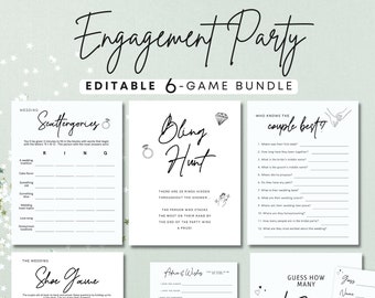 Op de afbeelding: Bewerkbare engagement party gamebundel met zes verschillende spellen: Scattergories, Bling Hunt, Wie kent het stel het beste, Schoenenspel, Raad hoeveel kussen, en een blanco kaart voor de gastennaam. De spellen zijn gedrukt op wit papier met zwarte tekst en illustraties.