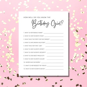 以下が含まれることがあります： 誕生日パーティー用の印刷可能なゲーム。ゲームの名前は「How well do you know the Birthday Girl?」で、誕生日を迎える女の子について12の質問をします。