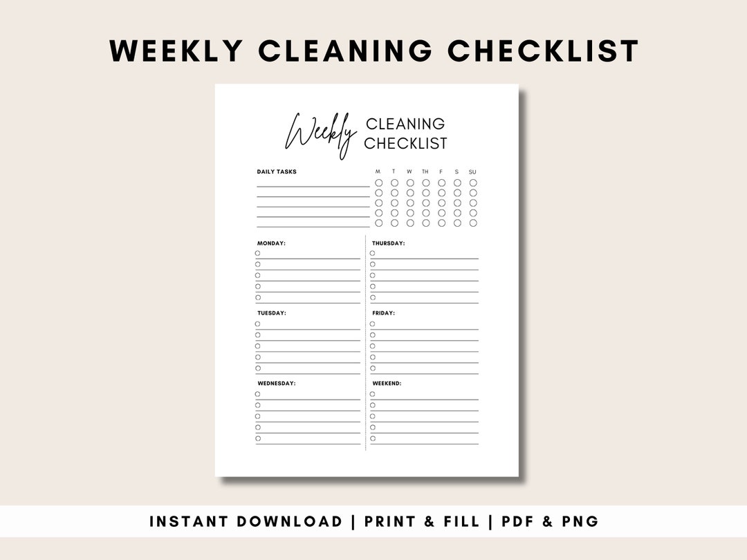 Printable Weekly Cleaning Checklist Instant Download Cleaning Planner ...