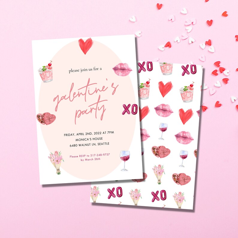 May include: A pink and white printable invitation for a Galentine's party. The invitation features a pink heart, a glass of wine, a bouquet of flowers, and the text "please join us for a galentine's party". The invitation also includes the date, time, and location of the party. The background of the invitation is a white and pink pattern with hearts, lips, and glasses of wine.