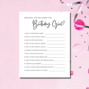 May include: A printable game for a birthday party. The game is called "How well do you know the Birthday Girl?" and has 12 questions about the birthday girl.