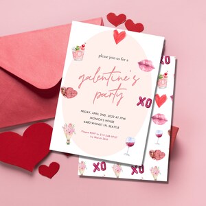 May include: A pink and white invitation card with the text "galentine's party" in pink script. The invitation is for a party on Friday, 2nd April 2022 at 7pm at Monica's House, 6480 Walnut In. Seattle. Please RSVP to 517-248-9757 by 26th March.
