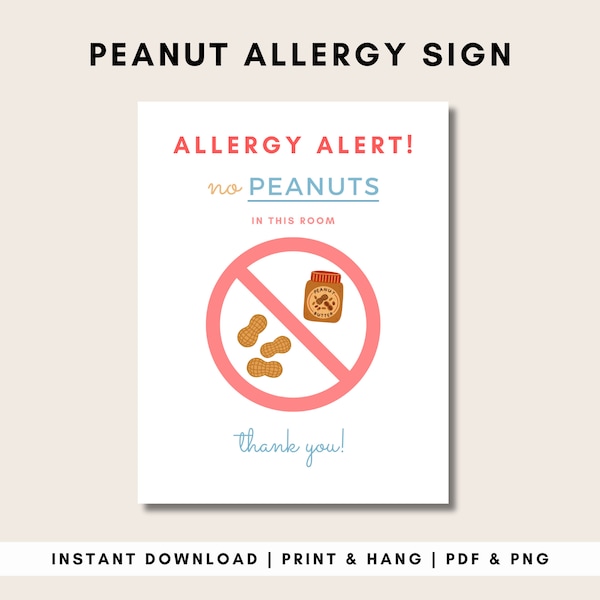 Printable Peanut Allergy Sign | Classroom Allergy Alert | Daycare Allergy Warning | School Allergens | Peanut Butter | Child Allergy | Nuts