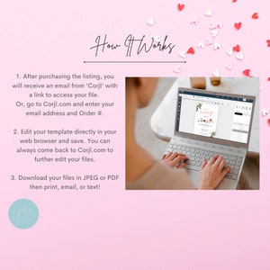 May include: A pink background with white text explaining how to use a digital template. The text reads "How It Works" and includes three steps. The image shows a person using a laptop to edit a digital template. The laptop screen shows a digital template with the text "Bridal Shower".