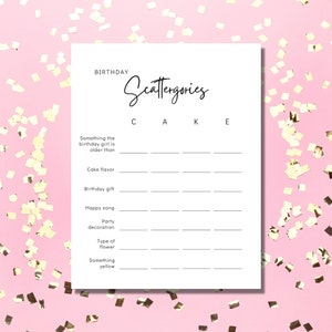 以下が含まれることがあります： C、A、K、E の文字が上部に書かれた「Scattergories」という印刷可能な誕生日パーティーゲーム。このゲームは、プレイヤーに各カテゴリに当てはまるものをリストアップするように求めます。