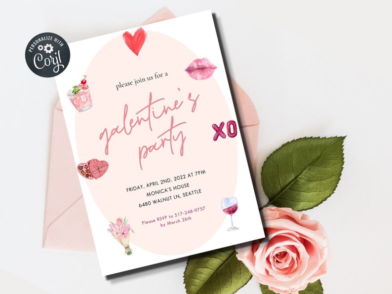 May include: A pink and white invitation card with a pink circle in the centre. The text "please join us for a galentine's party" is written in pink cursive. The date and time of the party are listed below the text. The invitation is decorated with pink hearts, lips, and other Valentine's Day themed illustrations.