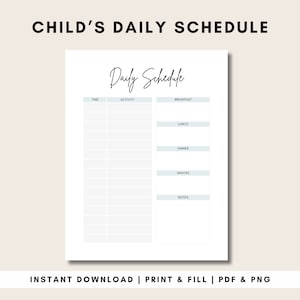 Printable Babysitter Schedule | Daily Schedule | Instant Download | Toddler Schedule | Child Schedule | Nanny Schedule Kids | Minimalist