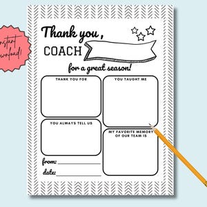 Coach Thank You | Printable Coach Appreciation Thanks | Note Card | Instant Download | Assistant Coach | Easy End of Season Sport Idea
