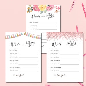 Pacote de 3 cartões de desejos de aniversariante para impressão, pacote de festa de aniversário para impressão para ela, pacote de jogos de aniversário, ideia fofa de aniversariante, floral, rosa