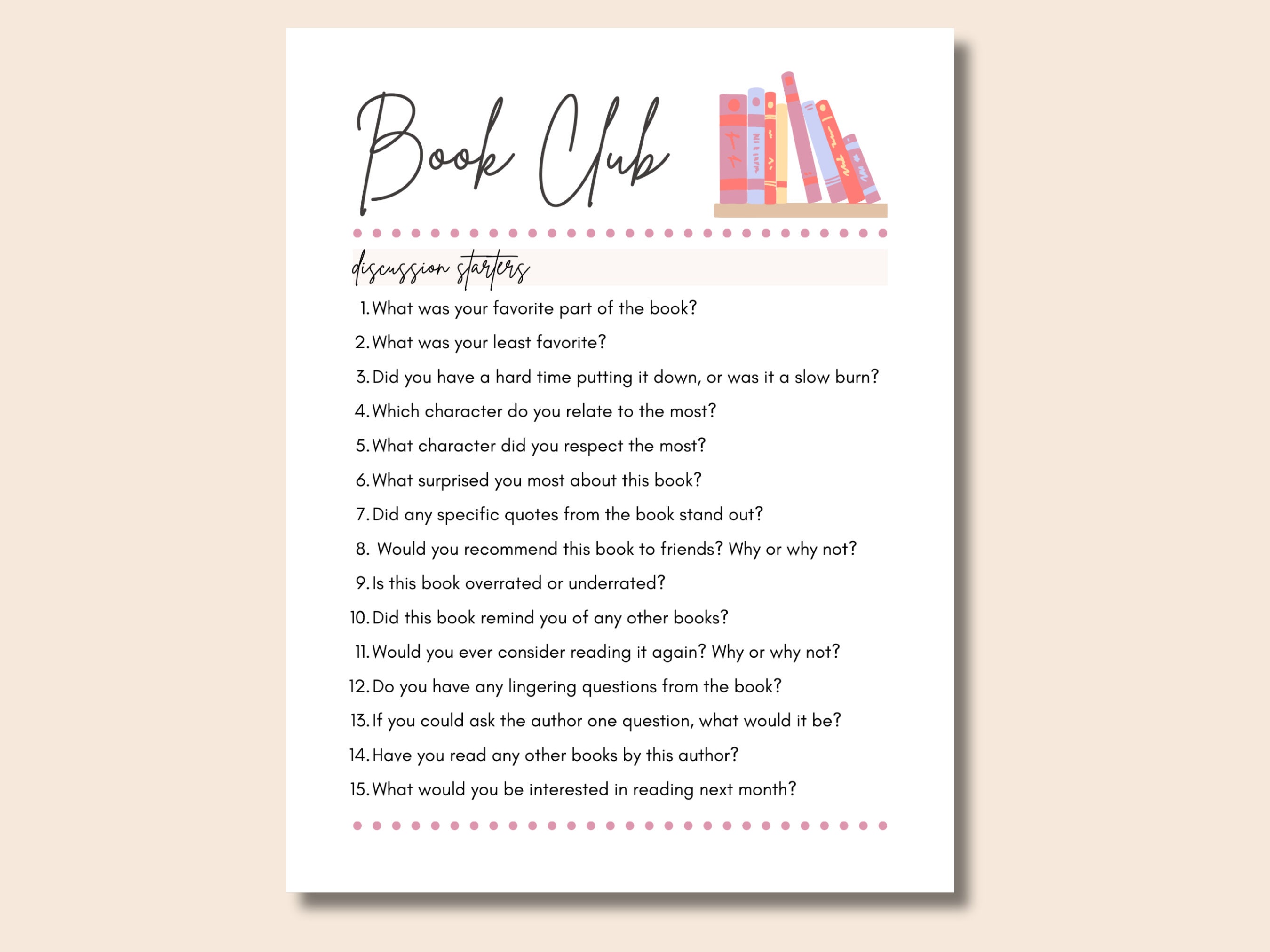 Book Club Journal and Reading Logs, Discussion Questions