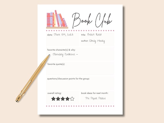 Book Club Printable | Book Discussion Question Guide | Book Review | Modern Reading Group | Bookclub Host Idea | Instant Download