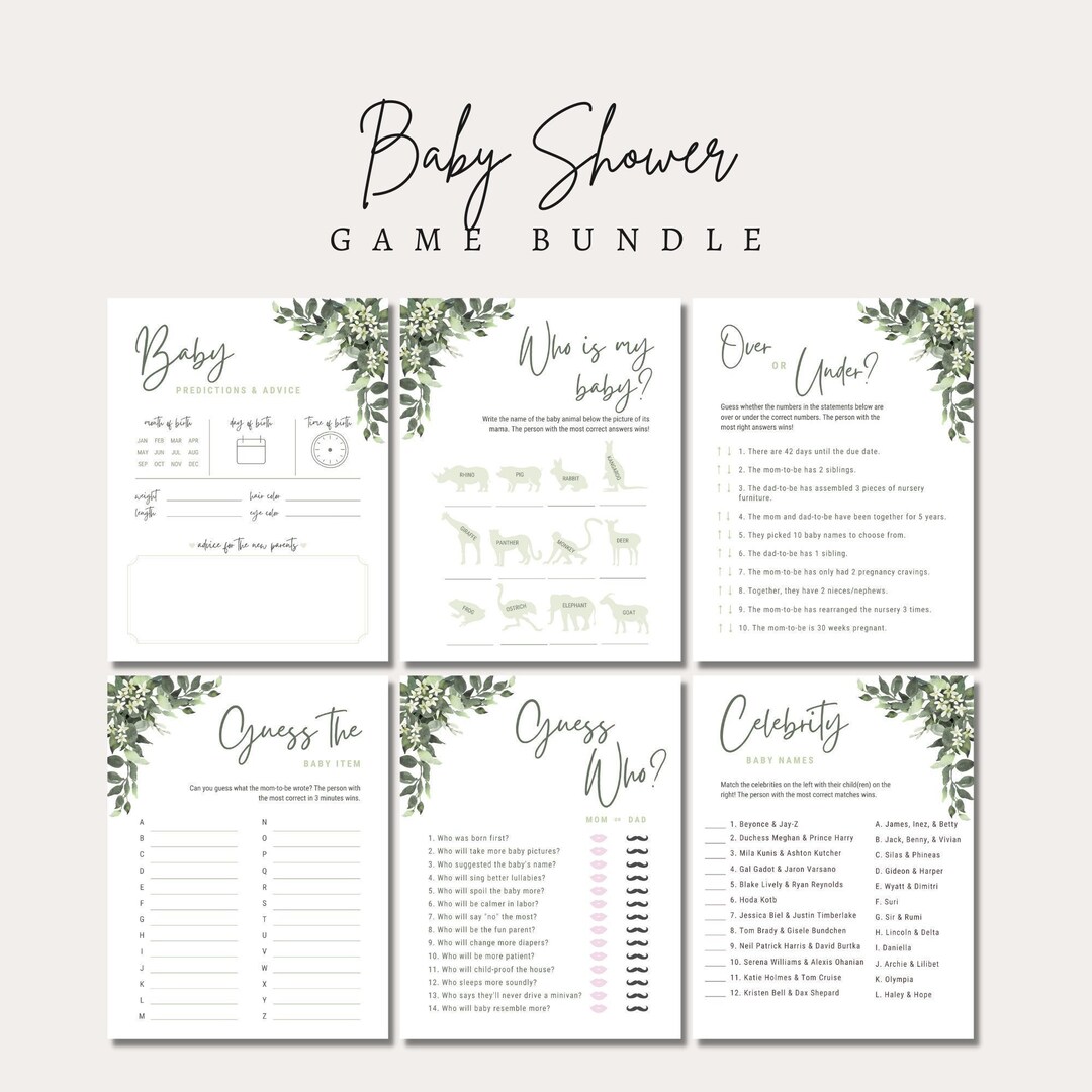 Baby Shower Game Bundle Printable Simple Greenery Decoration Etsy
