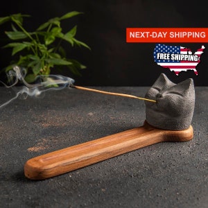 Cat Head Incense Holder with a box of Satya Organic incense. Handmade Incense Holder with Beech Wood Tray, Incense Holder.