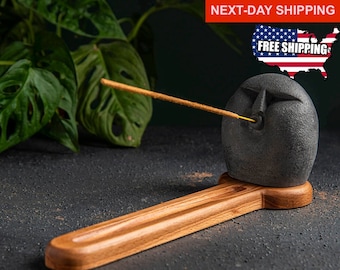 Stone Incense Holder, Handmade Face Incense Burner, Beech Wood Tray Set
