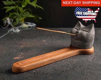 Cat Incense Holder, Handmade Stone Incense Burner, Beech Wood Tray