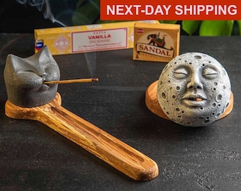 Moon Face Incense Burner Set, Cat Incense Holder, Beech Wood Aromatherapy Decor