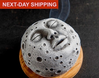 Backflow Incense Burner, with Sandalwood Cones Gift, Aromatherapy Ornament Home Decor. Handmade Backflow Incense Holder, Moon Face Incense.