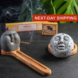 Handmade Moon Face Backflow Incense Burner and Stone Head Incense Holder Set for Aromatherapy and Home Decor