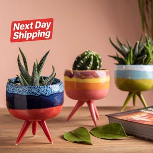 Handmade Three-Legged Ceramic Planter Pot – Minimalist Clay Succulent & Cactus Flower Pot – Cute Textured Pot for Home or Table Decor