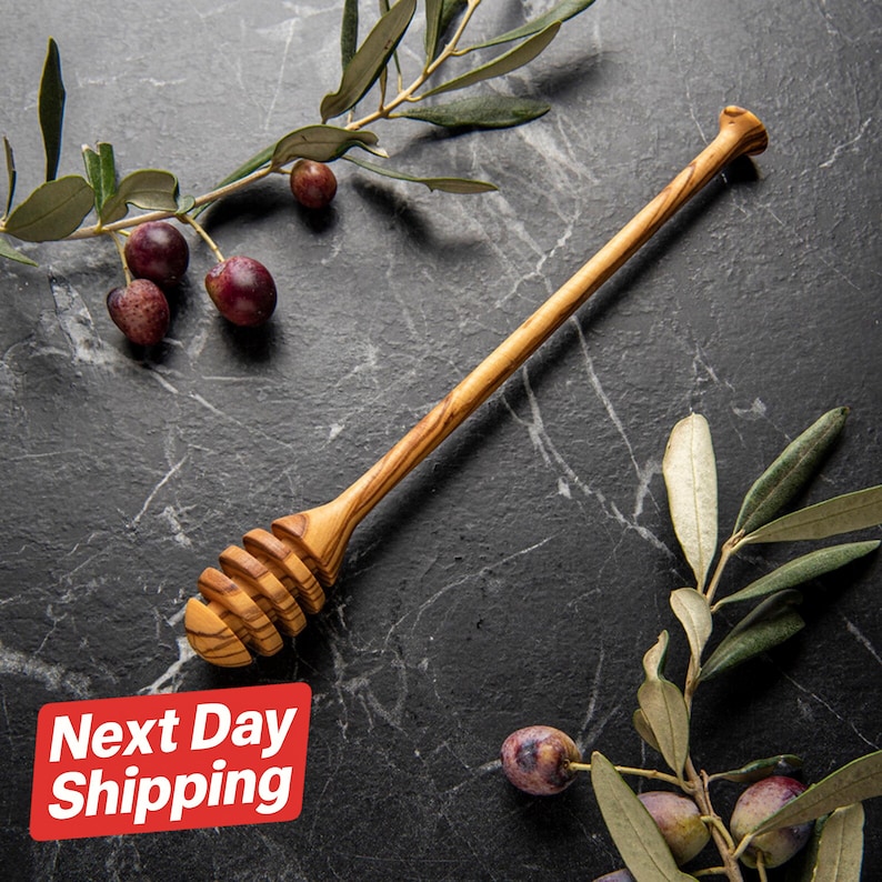 Handmade Olive Wood Honey Dipper: Aegean Kitchen Tool image 1