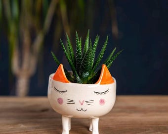 Cat Planter, Handcrafted Ceramic Kitten Succulent Pot, Whimsical Desk Decor