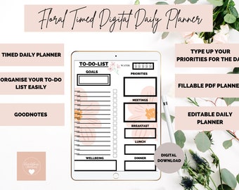 Digital timed daily planner, fillable PDF daily planner, daily planner iPad, daily planner printable, Goodnotes planner, editable planner