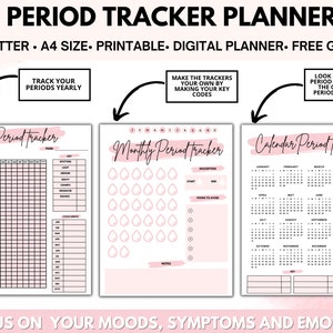 Puede incluir: Planificador de seguimiento del per&iacute;odo imprimible con tres p&aacute;ginas: un seguimiento anual, un seguimiento mensual y un seguimiento en un calendario. Las p&aacute;ginas son rosas y blancas con texto negro. El texto en las p&aacute;ginas incluye "Seguimiento del per&iacute;odo", "Seguimiento mensual del per&iacute;odo" y "Seguimiento del per&iacute;odo en un calendario".
