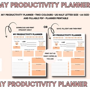 Op de afbeelding: Printbare productiviteits planner met een perzik- en wit kleurenschema. De planner bevat secties voor dagelijkse doelen, prioriteiten, takenlijsten en meer. De tekst "MY PRODUCTIVITY PLANNER" staat bovenaan en onderaan de pagina.