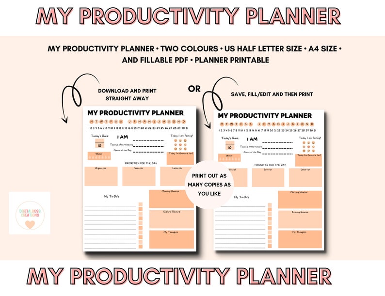 Op de afbeelding: Printbare productiviteits planner met een perzik- en wit kleurenschema. De planner bevat secties voor dagelijkse doelen, prioriteiten, takenlijsten en meer. De tekst "MY PRODUCTIVITY PLANNER" staat bovenaan en onderaan de pagina.