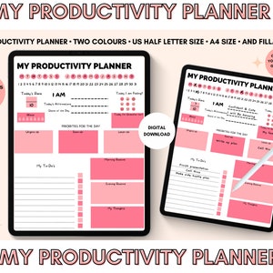 Op de afbeelding: Een digitale productiviteits planner met roze accenten. De planner bevat secties voor dagelijkse affirmaties, prioriteiten, takenlijsten en ochtend- en avondroutines. De tekst "MY PRODUCTIVITY PLANNER" staat bovenaan en onderaan de afbeelding.